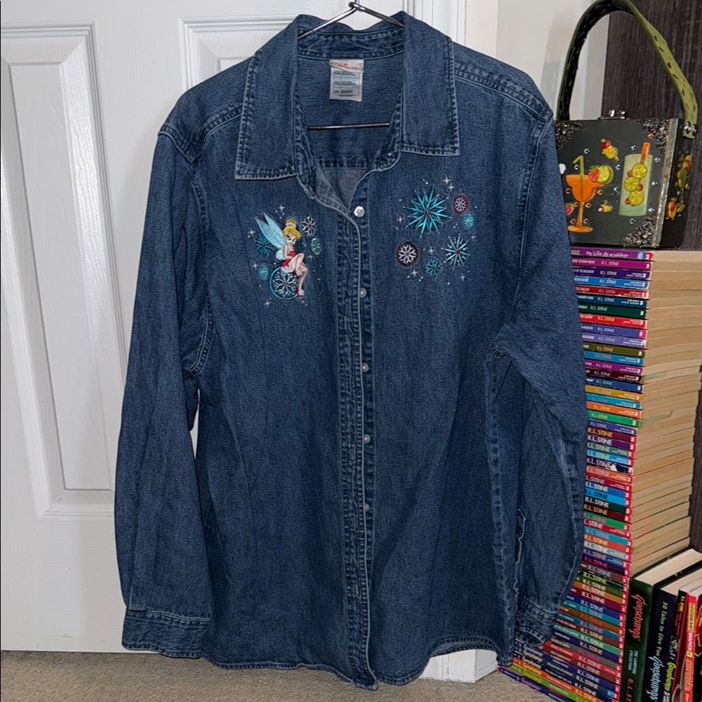 Disney Blue Denim Button Down Shirt with Tinker Bell Embroidery
